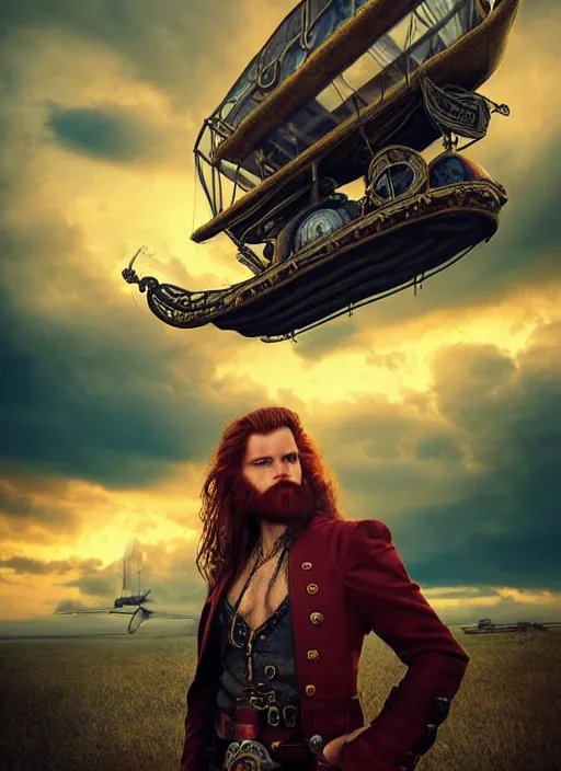 Image similar to portrait painting of a handsome face rugged long hair crimson hair male captain, top half portrait soft hair steampunk ornate mechanical zeppelin airship in the background sky sunset golden hour fantasy rugged book cover art atmospheric lighting art by mullins rutkowski bussiere