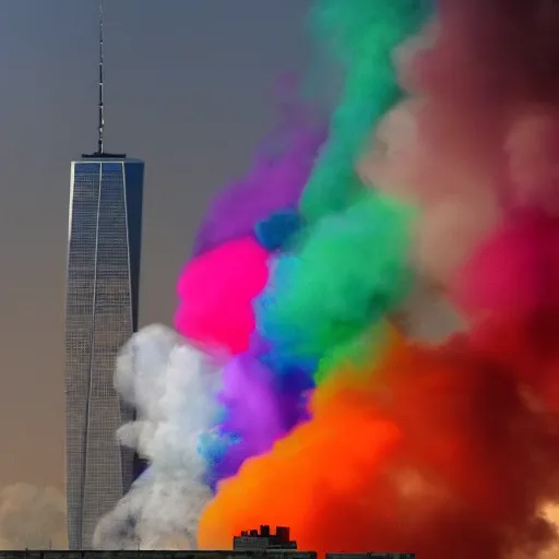 Image similar to 9/11 colorful smoke , 4k , realistic