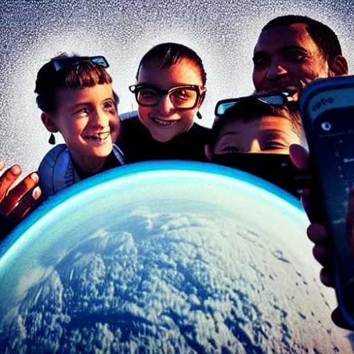 Image similar to “ our humanoid descendants in the year 2 2 0 0 taking a selfie on their sci - fi planet, award - winning details ”