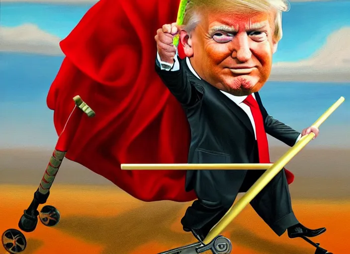 Image similar to an extremely high quality hd surrealism painting of Donald trump as the pope riding a pogo stick 8k, realistic shading, ultra realistic, super realistic