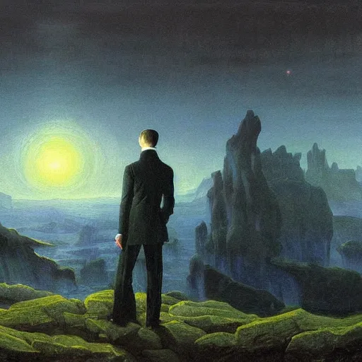 Image similar to H.P. Lovecraft, painting by Caspar David Friedrich, oil, high detail, trending on artstation