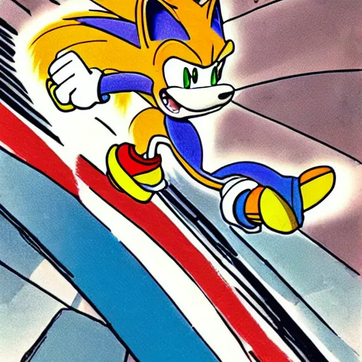 Image similar to a hanna barbera cartoon drawing of miles tails prower from sonic the hedgehog flying in the air