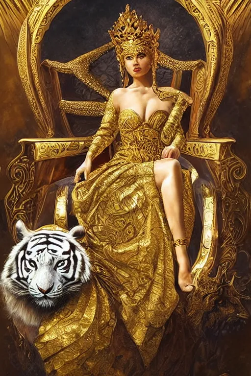 Prompt: a beautiful empress sitting on a golden throne ,white tiger guardian by her side, ultradetailed painting by Karol Bak, ornate, volumetric lighting.