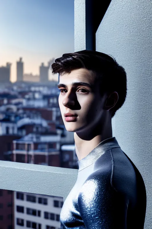 Image similar to un ultra high definition studio quality photographic art portrait of a young man standing on the rooftop of a british apartment building wearing soft padded silver pearlescent clothing. three point light. extremely detailed. golden ratio, ray tracing, volumetric light, shallow depth of field. set dressed.