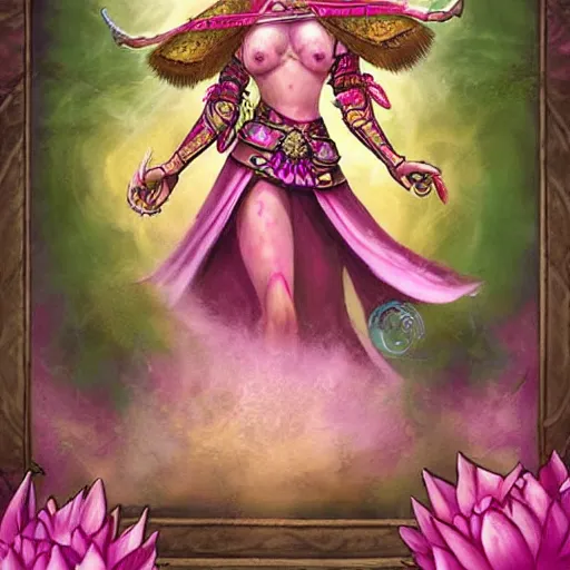 Prompt: pink lotus flower warrior queen wearing pink floral lotus crown, hearthstone art style, epic fantasy style art, fantasy epic digital art, epic fantasy card game art