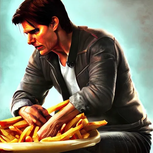 Prompt: tom cruise planting fries, digital art, highly - detailed, artstation cgsociety masterpiece