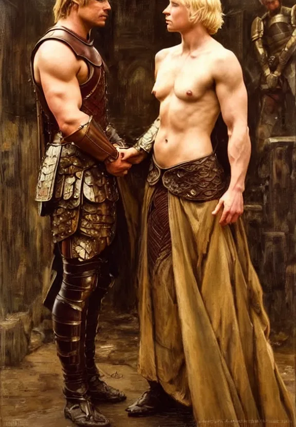 Image similar to attractive handsome muscly jaime lannister confesses his love for attractive fully armored brienne of tarth. highly detailed painting by gaston bussiere and j. c. leyendecker 8 k