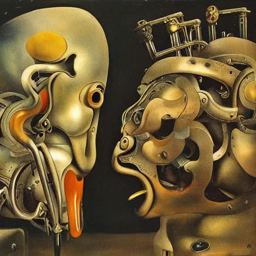 Image similar to Oil painting by Dali. Two mechanical trash gods with animal faces kissing. Oil painting by Hans Bellmer.