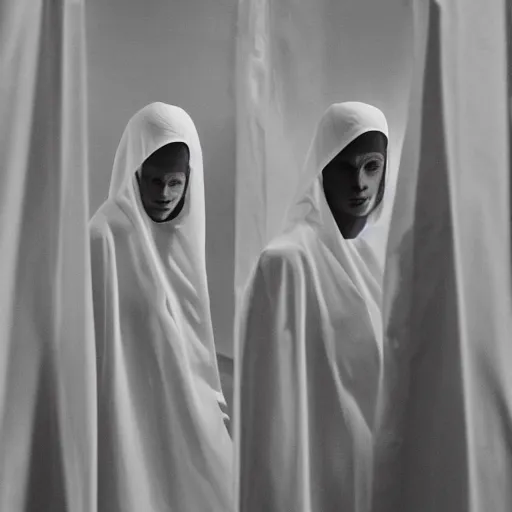 Image similar to nightmare vision, black and white, award winning photo, levitating twin nuns, wearing translucent sheet, Mary in a sanctuary, mirror hallways, eerie, frightening —width 1024 —height 1024