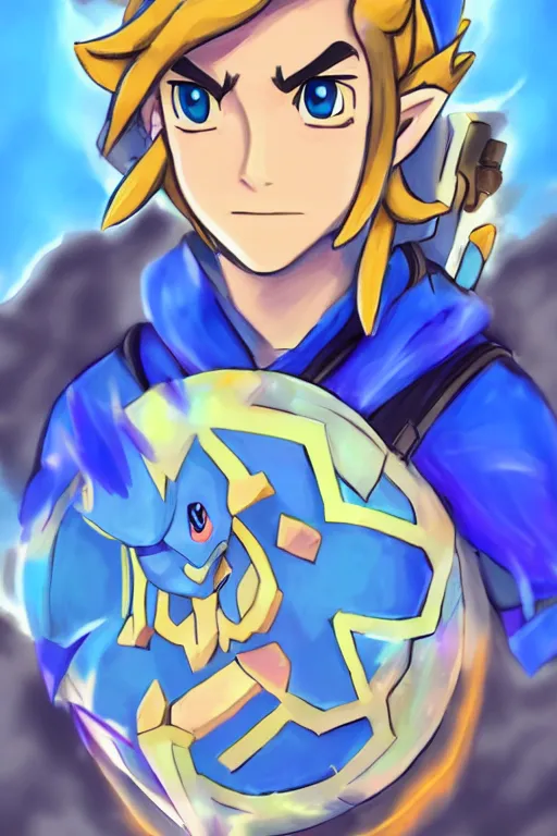 Image similar to an in game portrait of link from pokemon sun, pokemon sun art style.