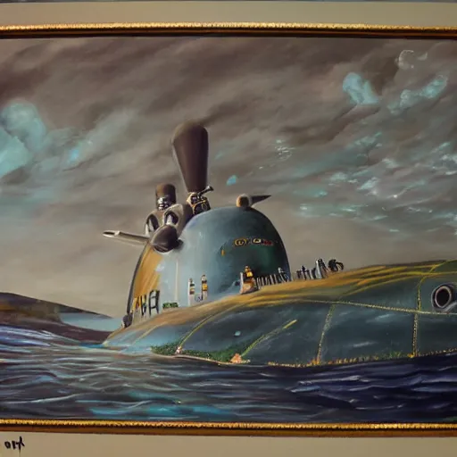 Prompt: oil painting picturing the inside of a submarine