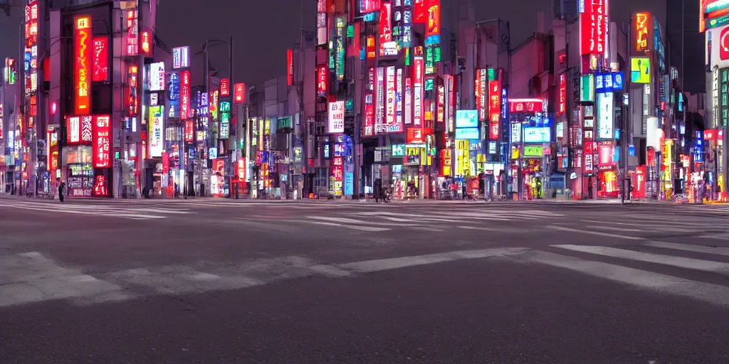 Image similar to HDRI panorama, Tokyo at night, neon lights, street signs, street lights, traffic lights, featured on artstation