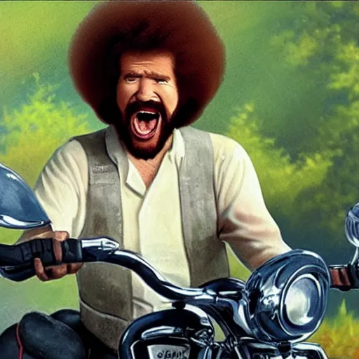 Image similar to bob ross screaming on motorcycle