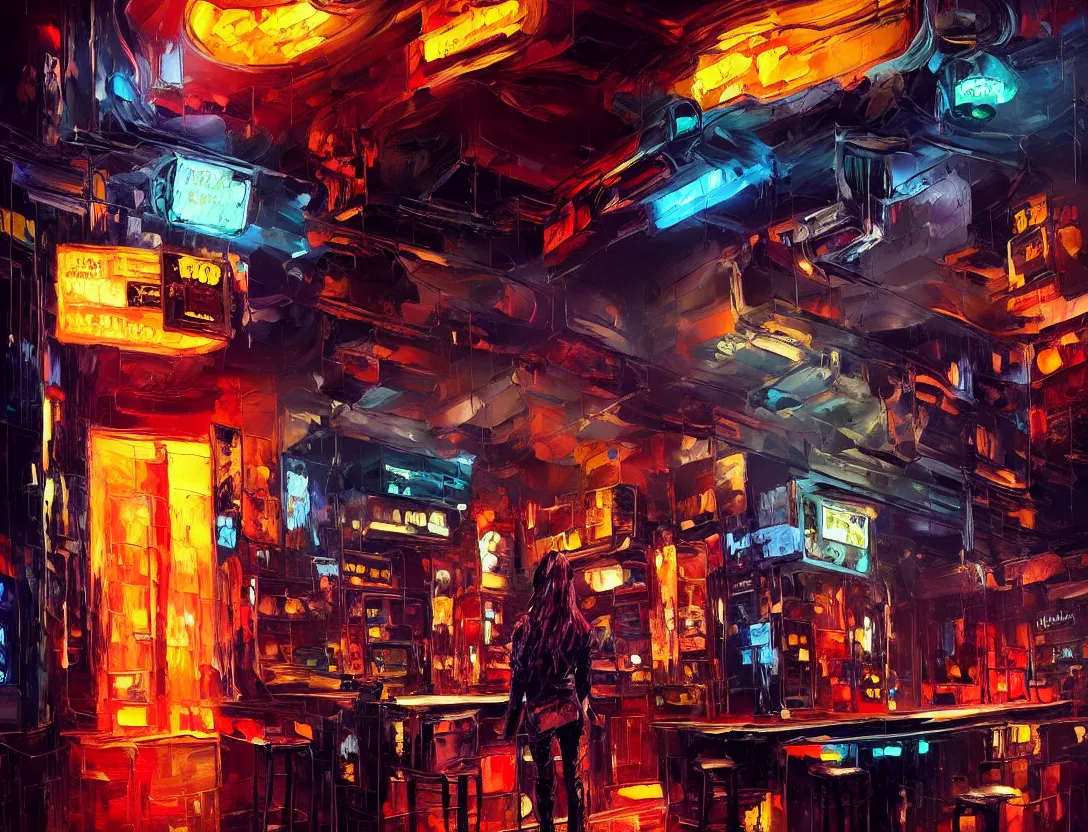 Prompt: highly detailed expressionist oil painting of dark cyberpunk bar, neon glow, expressive, impasto, pastel shades, rough canvas textured, dynamic pose, top lighting, fine brush strokes, perfect face, hyper detailed face, digital painting, artstation, concept art, hyper detailed eyes, art by sam spratt and peter mohrbacher and james jean