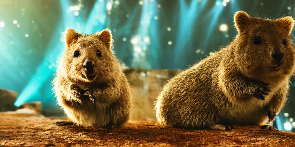 Image similar to Portrait of a happy quokka, splash art, movie still, cinematic lighting, dramatic, octane render, long lens, shallow depth of field, bokeh, anamorphic lens flare, 8k, hyper detailed, 35mm film grain