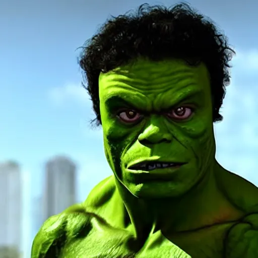 Image similar to pepe hulk, realistic, frame from marvel movie