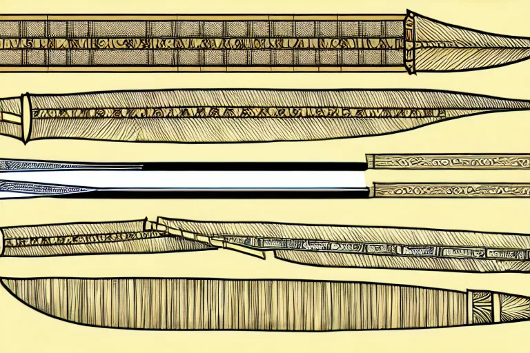 Prompt: schematic diagram of a longsword, ultra detailed, 4 k, papyrus, intricate, encyclopedia illustration, fine inking lines