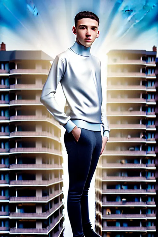 Image similar to un ultra high definition studio quality photographic art portrait of a young man standing on the rooftop of a british apartment building wearing soft padded silver pearlescent clothing. three point light. extremely detailed. golden ratio, ray tracing, volumetric light, shallow depth of field. set dressed.