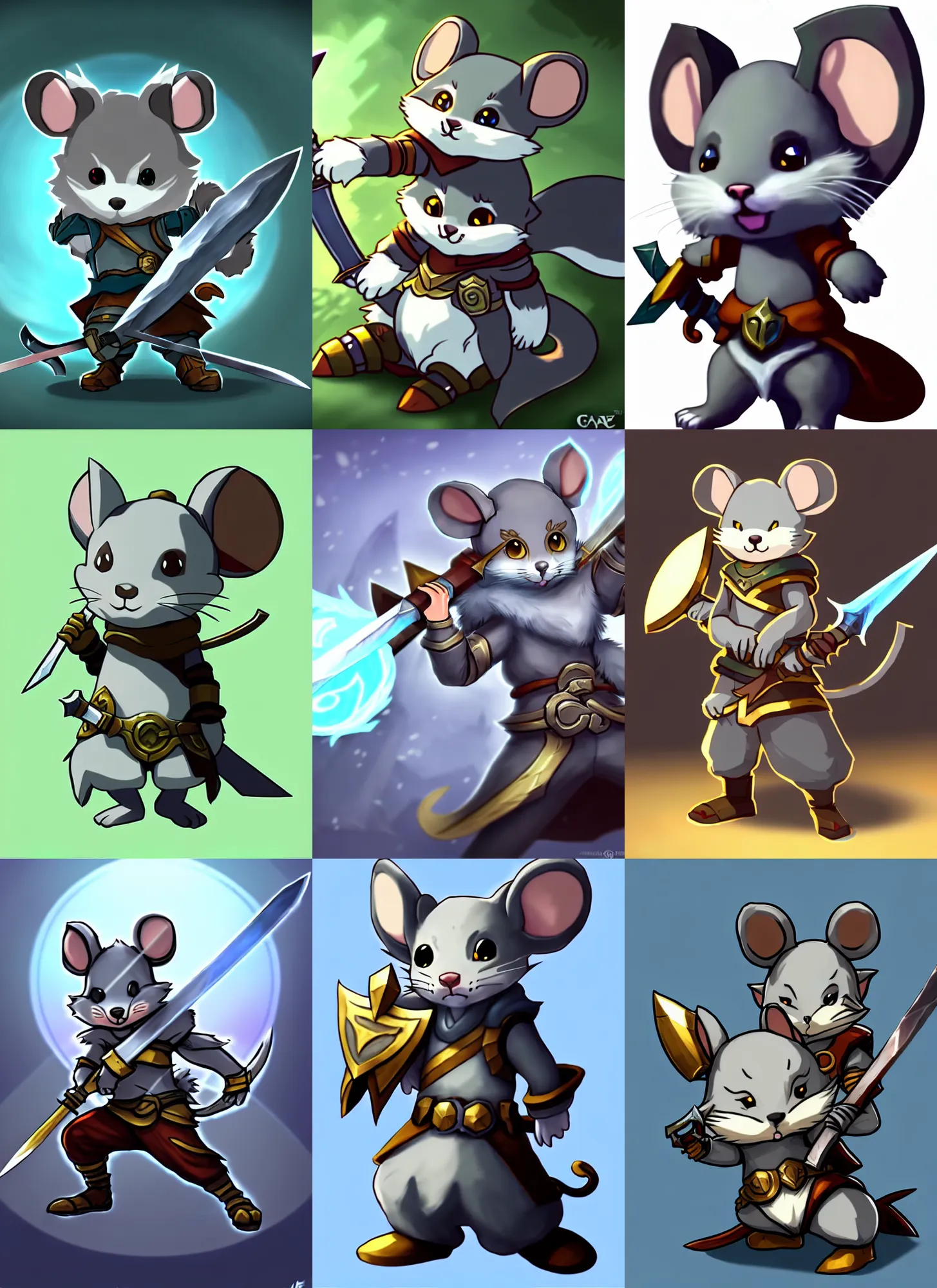 Prompt: a cute gray cute mouse guard boy furry with a sword and shield, league of legends splash art