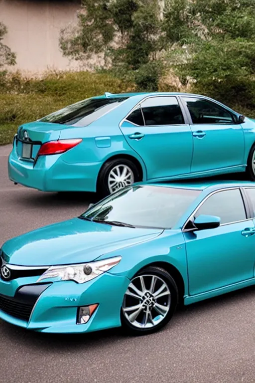 Prompt: toyota camry painted in aqua blue with chrome rims