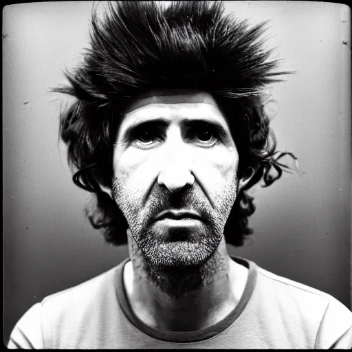 Prompt: Mugshot Portrait of Gruff Rhys, taken in the 1970s, photo taken on a 1970s polaroid camera, grainy, real life, hyperrealistic, ultra realistic, realistic, highly detailed, epic, HD quality, 8k resolution, body and headshot, film still, front facing, front view, headshot and bodyshot, detailed face, very detailed face