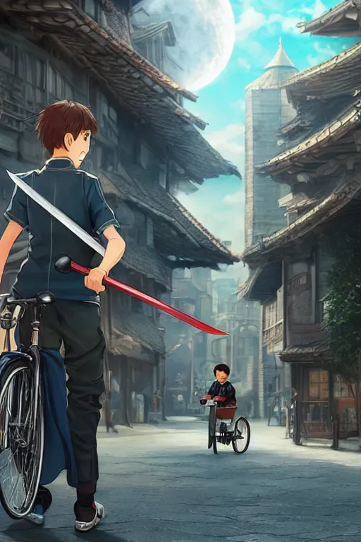 Image similar to ultra detailed keyart of sci - fy movie, a boy carrying a sword in his back is riding a simple bycycle in the main street of isekai shinjuku