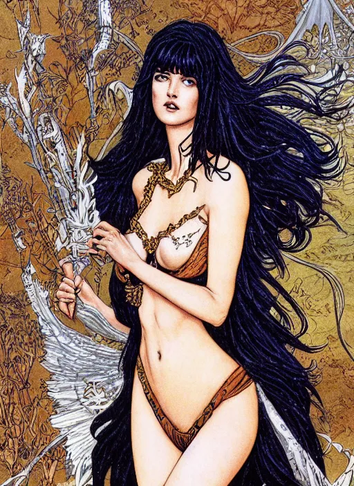 Prompt: dramatic ethereal full length illustration of Phoebe Cates in the art style of Eric Fortune and Rebecca Guay, full slim body, full dressed, not realistic, sharp focus, 8k high definition, insanely detailed, intricate, elegant