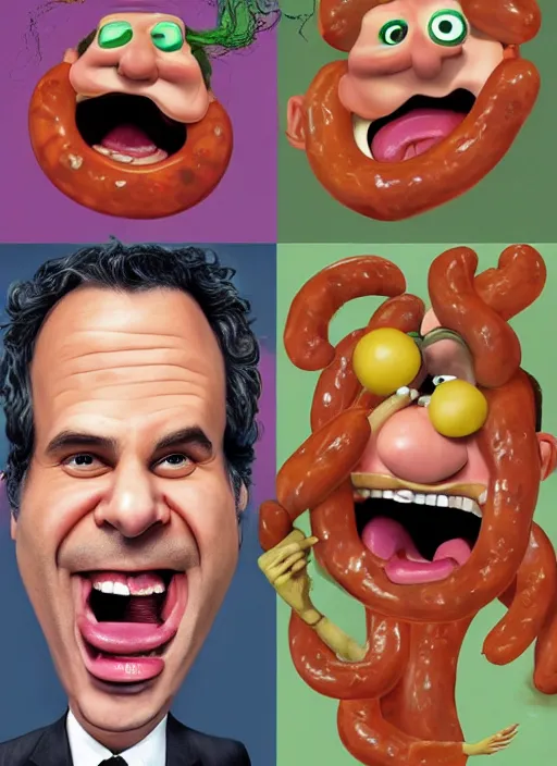 Prompt: hyperrealistic mark ruffalo caricature screaming on a dartboard surrounded by big fat frankfurter sausages with a trippy surrealist mark ruffalo screaming portrait on spitting image by david cronenberg and aardman animation, mark ruffalo caricature dartboard with hot dogs, mascot, target reticles, dart board