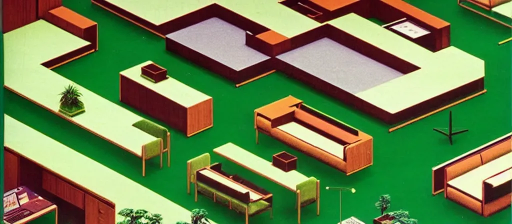 Image similar to huge sprawling gargantuan angular dimension of infinite indoor landscape 7 0 s green velvet and wood with metal furniture office. surrealism, mallsoft, vaporwave, 7 0 s office furniture catalogue, shot from above, epic scale by escher