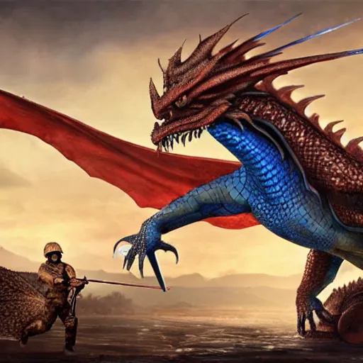 Image similar to dragon saphira fighting against soldiers photo realistic, detailed