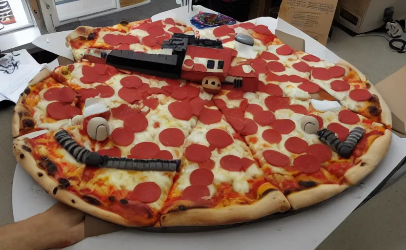 Image similar to a starwars at - at made of pizza