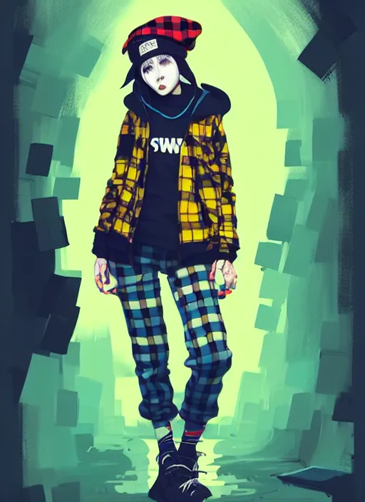 Image similar to highly detailed portrait of a sewer punk lady student, blue eyes, tartan hoody, hat, white hair by atey ghailan, by greg tocchini, by joe fenton, gradient yellow, black, brown and cyan color scheme, grunge aesthetic!!! ( ( graffiti tag wall ) )