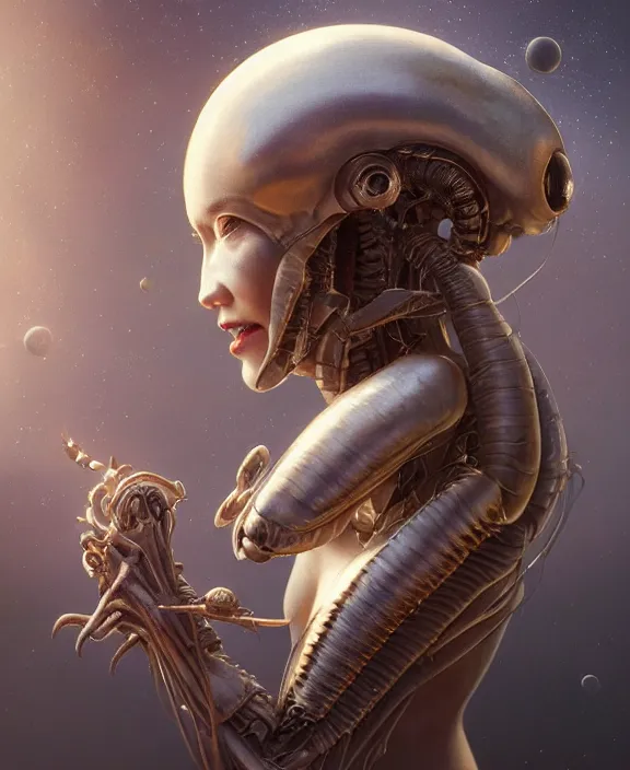 Image similar to simplicity, portrait of a alien insect, adorable, childlike, milky way environment, ultra realistic, concept art, intricate details, cheerful, highly detailed, photorealistic, octane render, 8 k, unreal engine. art by artgerm and hr giger and greg rutkowski and alphonse mucha