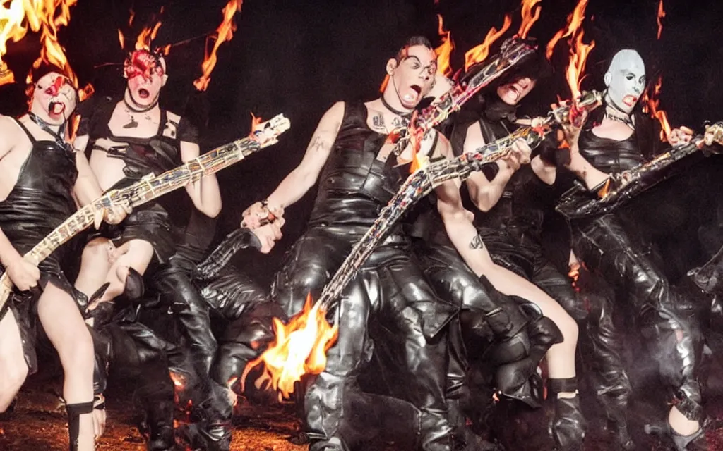 Prompt: Rammstein as blow up dolls playing on inflatable instruments, fire, balloon, inflatable guitar, pyrotechnics