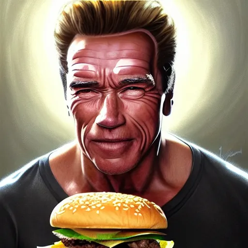 Image similar to portrait of Arnold schwarzenegger eating hamburgers, extra onions and ketchup, luscious patty with sesame seeds, feminine ethereal, handsome, D&D, fantasy, intricate, elegant, highly detailed, digital painting, artstation, concept art, matte, sharp focus, illustration, art by Artgerm and Greg Rutkowski and Alphonse Mucha