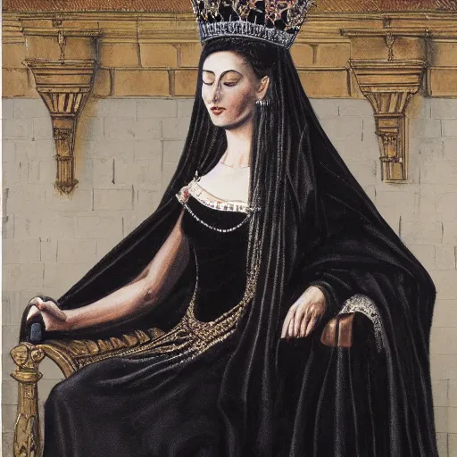 Image similar to an illustration of a queen wearing a beautiful black dress on a simple stone throne by john hawe, realistic, detailed, oil painting