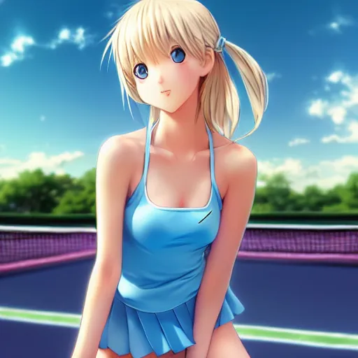Prompt: a very beautiful young anime tennis girl, long blond hair, full body, sky blue eyes, ( full round face ), short smile, bikini, miniskirt, highly detailed, cinematic wallpaper by stanley artgerm lau