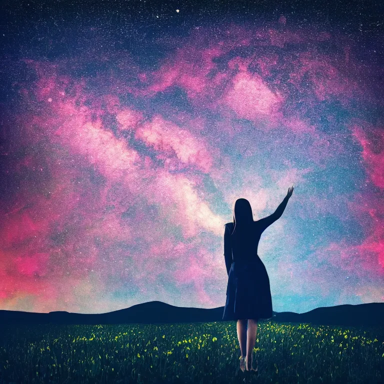 Image similar to album cover with text kosmichna vystava, a beautiful landscape of a starry sky with an beautiful woman waving to the horizon, cinematic, dramatic, color grading, photojournalism, colorful, highly detailed