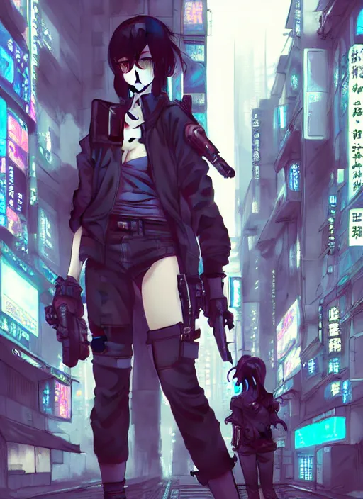 Prompt: hyper - realistic cyberpunk anime girl standing on tokyo street, extreme detail, alluring, in style of yoji shinkawa, pan ren wei, col price, atey ghailan, by greg rutkowski, by greg tocchini, by james gilleard, by joe fenton, by kaethe butcher, grunge aesthetic