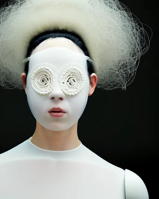 Image similar to portrait of a woman wearing a white embroidered translucent silicone mask and white blue frizzy hair buns, wearing a black bodysuit by alexander mcqueen, cream white background, soft diffused light, biotechnology, humanoide robot, bjork aesthetic, translucent, by rineke dijkstra, intricate details, highly detailed, masterpiece,