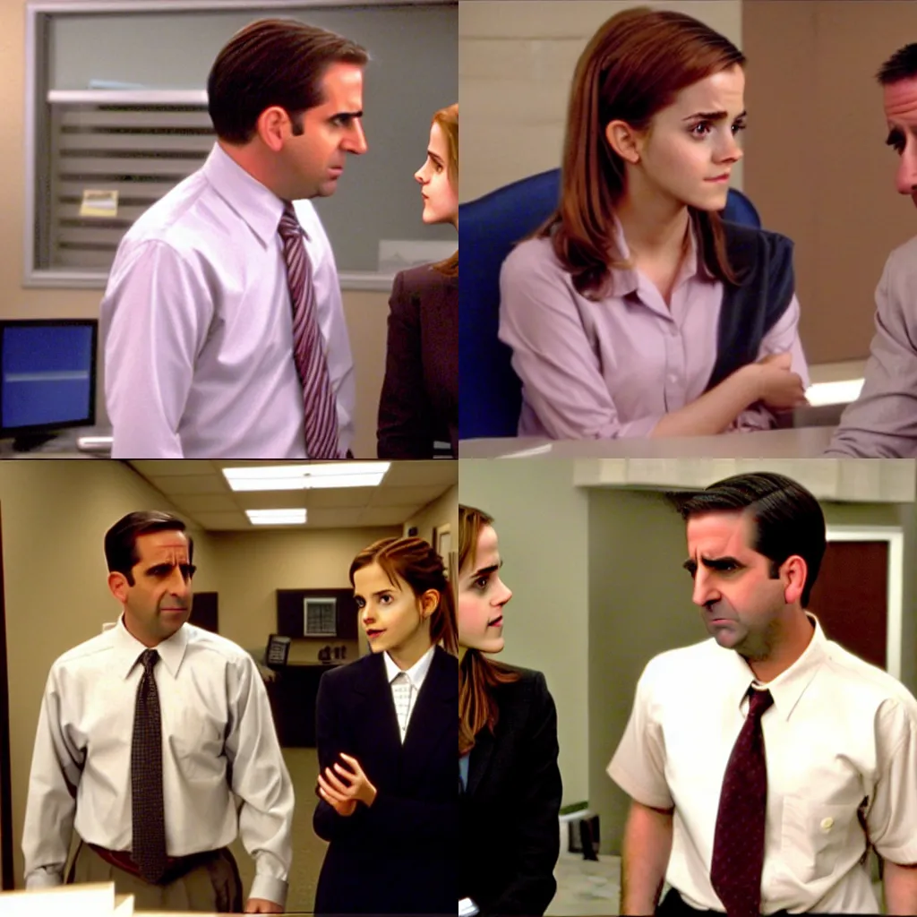 Prompt: screenshot from the office (2002) emma watson with michael scott