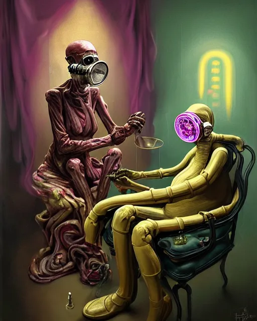 Prompt: Two old people, fleshy bones, wearing gas masks draped in silky gold, green and pink, connected to heart machines, inside a grand, ornate hospital room, they sit next to a fireplace with swirling blue flames, the world is on fire, lost in despair, transhumanist speculative evolution, in the style of Adrian Ghenie, Esao Andrews, Jenny Saville, (((Edward Hopper))), surrealism, dark art, by Mariko Mori
