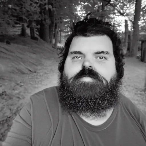 Image similar to nightime infrared trail cam footage of an overweight 20 year old with messy black hair and beard