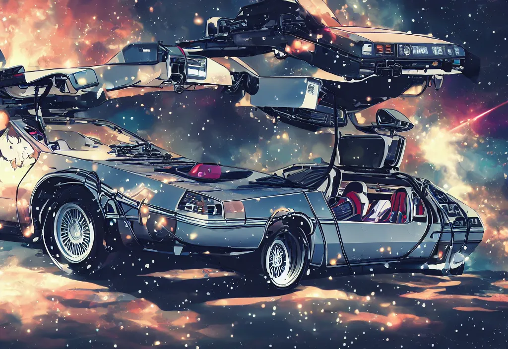 Image similar to An anime art of one delorean, digital art, 8k resolution, anime style, high detail, lowrider style, wide angle