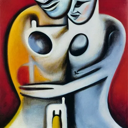 Image similar to Oil painting by Roberto Matta. Two mechanical gods kissing. Oil painting by Marlene Dumas. Dali.