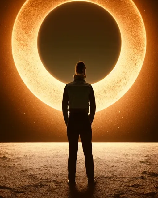 Image similar to a person standing in front of a glowy open door that's on a barren moon, poster art by mike winkelmann, trending on cg society, space art, sci - fi, ue 5, futuristic, volumetric lighting, light casting onto the ground, neat composition and camera angle