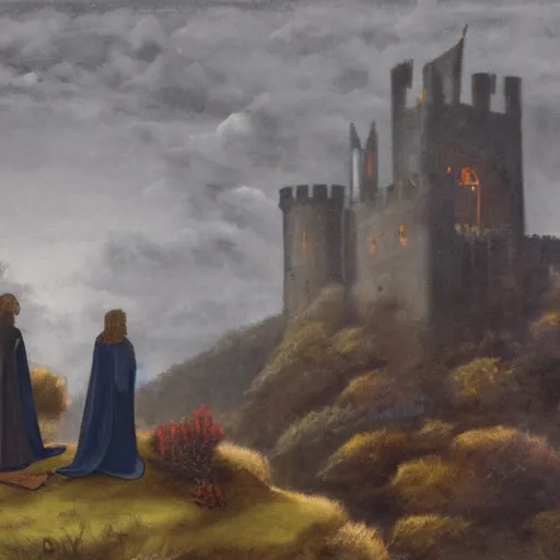 Image similar to merlin and gawain in a dark gloomy atmospheric medieval castle