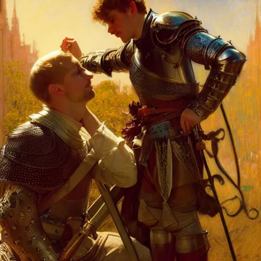 Image similar to attractive arthur pendragon and his attractive male knight, they are in love, natural lighting, path traced, highly detailed, high quality, digital painting, by gaston bussiere, craig mullins, alphonse mucha j. c. leyendecker