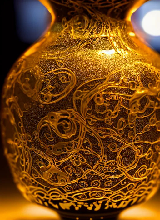 Image similar to a 2 8 mm macro photo of a broken intricate ming vase, splash art, movie still, bokeh, canon 5 0 mm, cinematic lighting, dramatic, film, photography, golden hour, depth of field, award - winning, anamorphic lens flare, 8 k, hyper detailed, 3 5 mm film grain