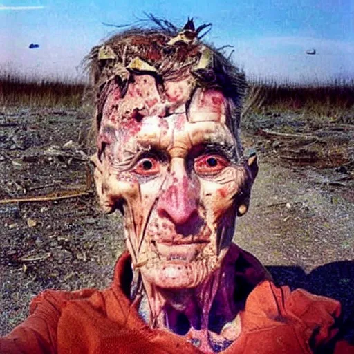 Image similar to last selfie of last alive ukrainian very damaged body to bones after a nuclear strike, a nuclear explosions in the background, dead bodies everywhere, 2 0 2 2